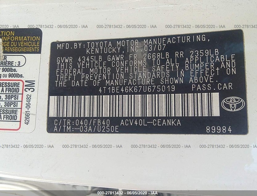 4T1BE46K67U675019