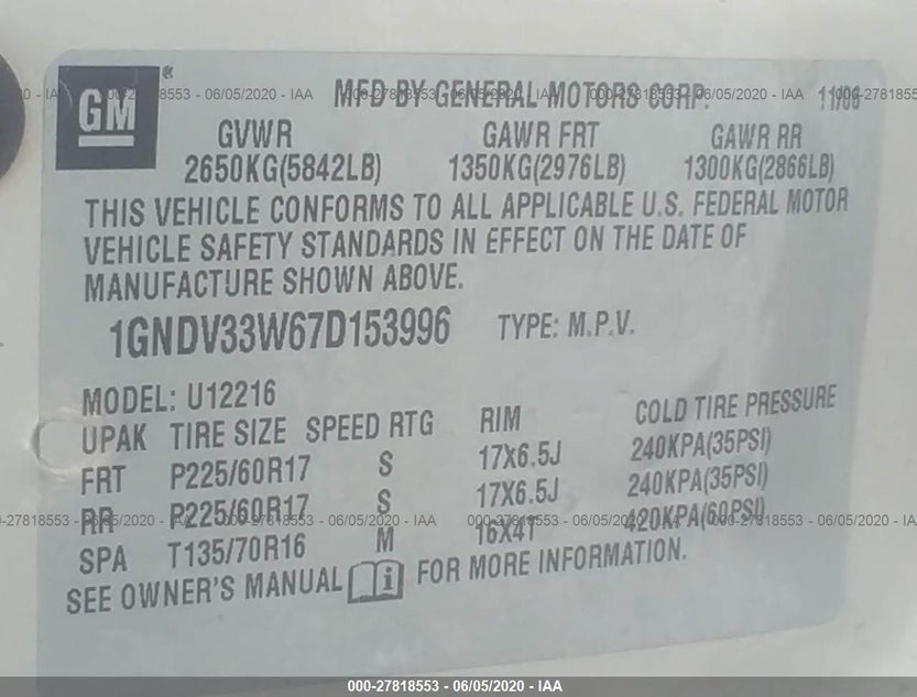 1GNDV33W67D153996