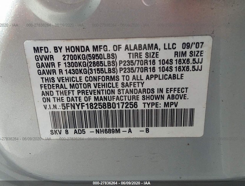 5FNYF18258B017256