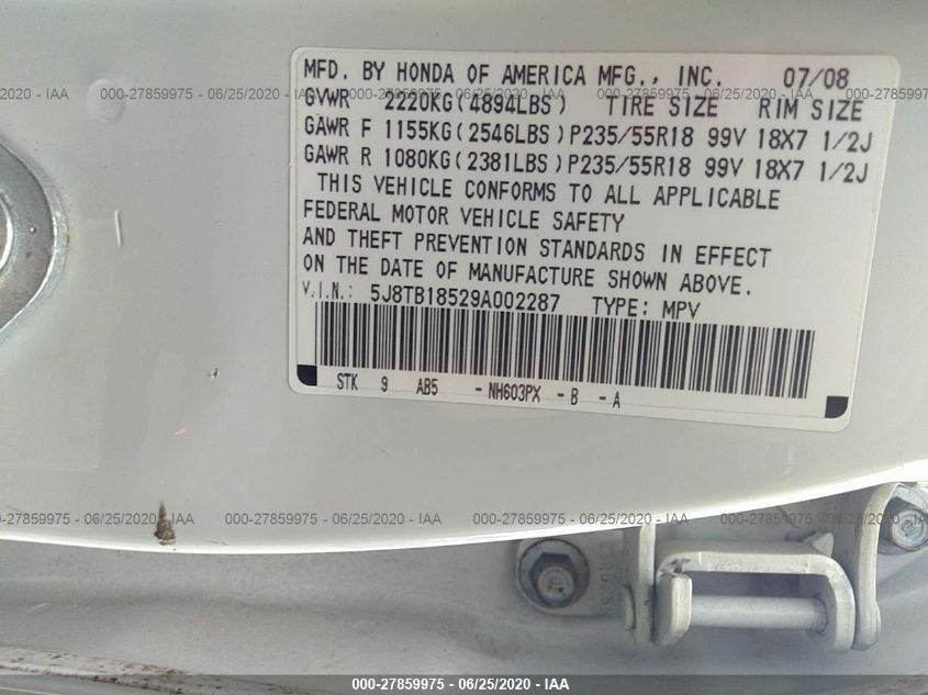 2009 Acura Rdx VIN: 5J8TB18529A002287 Lot: 27859975