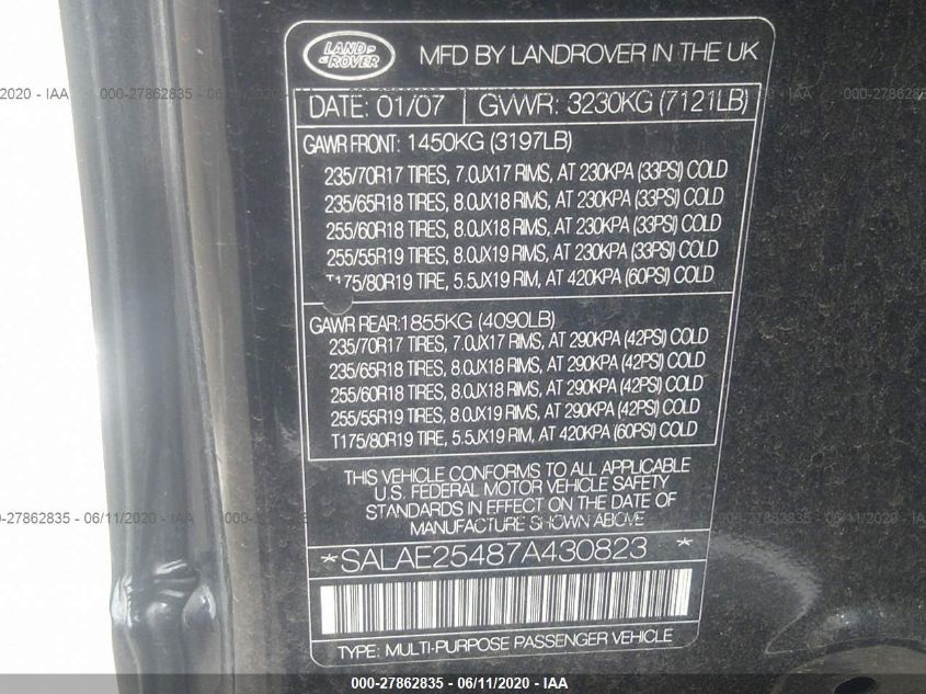 2007 Land Rover Lr3 V8 Se VIN: SALAE25487A430823 Lot: 27862835