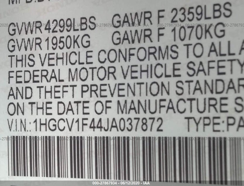 1HGCV1F44JA037872