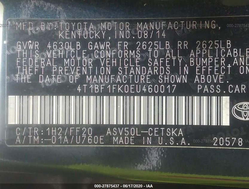 4T1BF1FK0EU460017