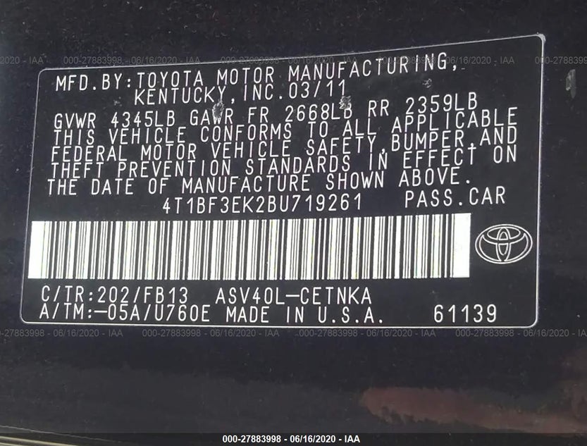 4T1BF3EK2BU719261