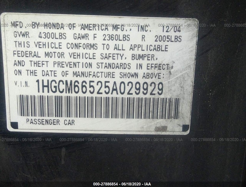 1HGCM66525A029929