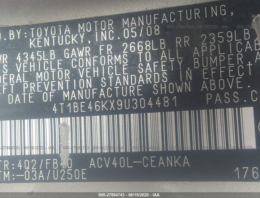 4T1BE46KX9U304481