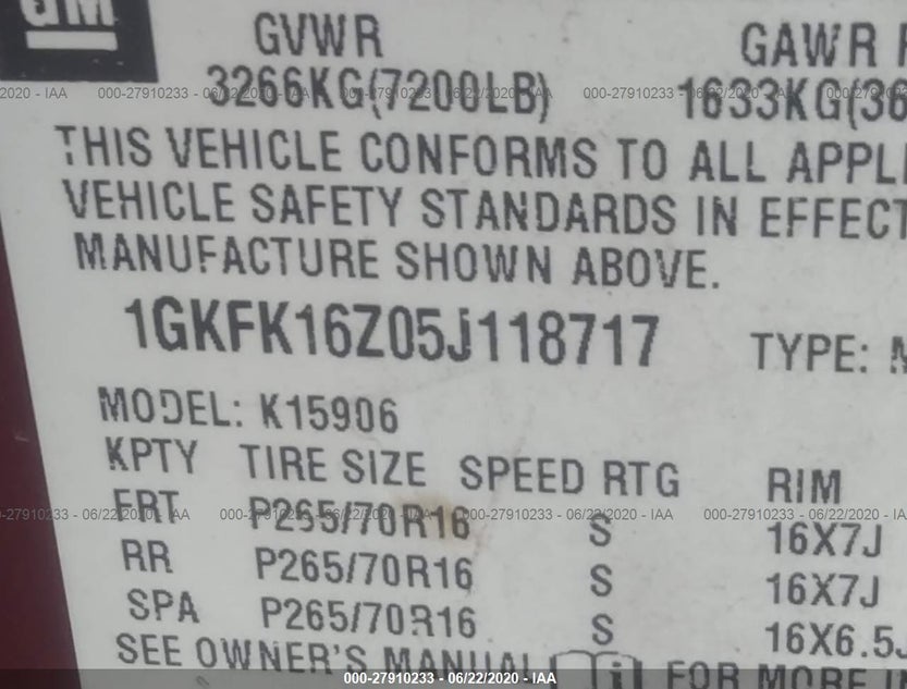1GKFK16Z05J118717