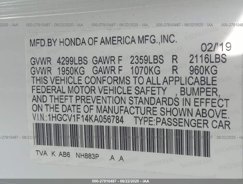 1HGCV1F14KA056784