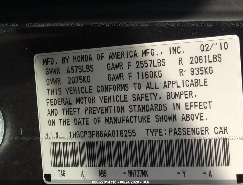 1HGCP3F86AA016255