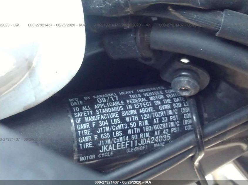 2018 Kawasaki Kle650 F/Lt VIN: JKALEEF11JDA24035 Lot: 27921437