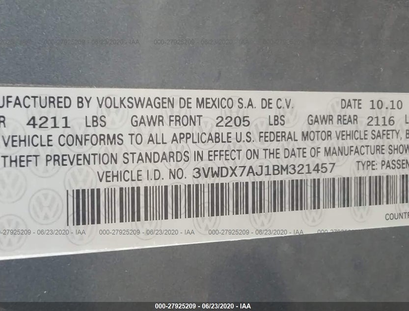 3VWDX7AJ1BM321457