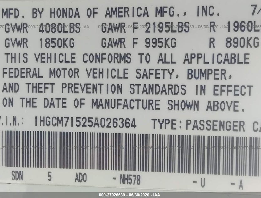 1HGCM71525A026364