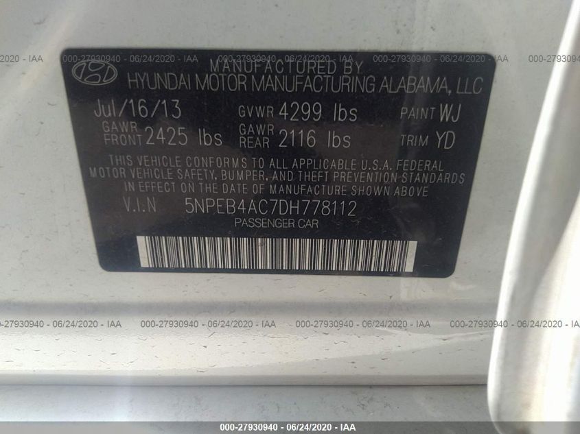 2013 Hyundai Sonata Gls VIN: 5NPEB4AC7DH778112 Lot: 27930940