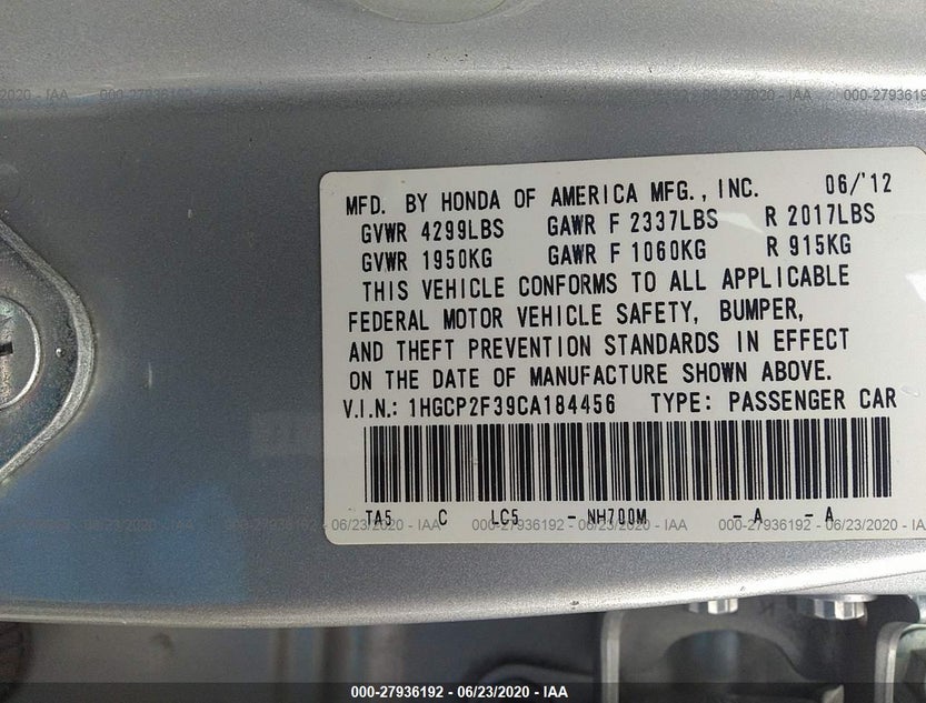 1HGCP2F39CA184456