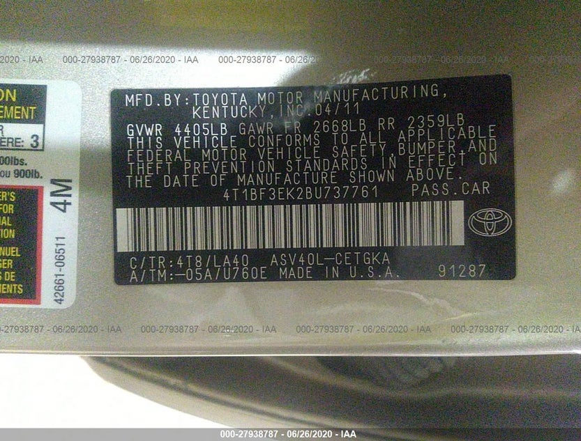 4T1BF3EK2BU737761