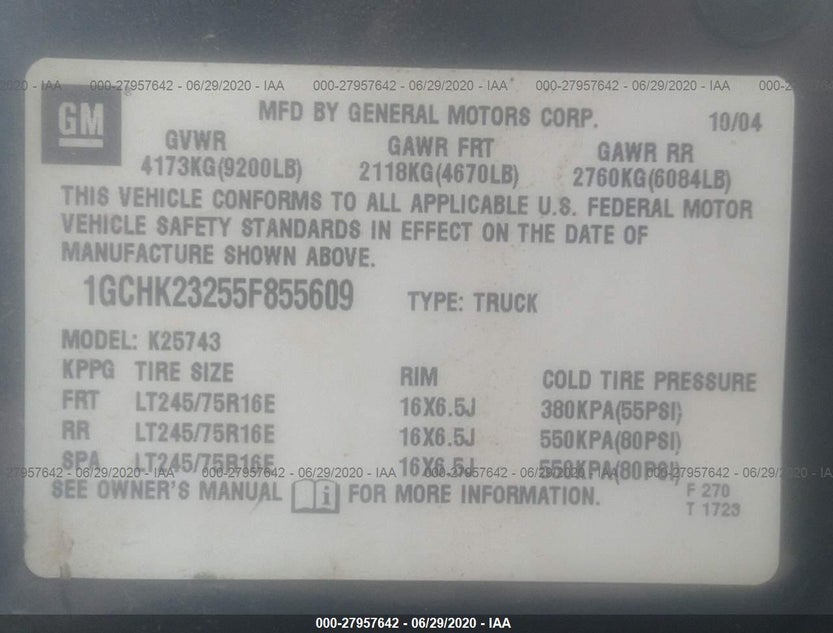 1GCHK23255F855609