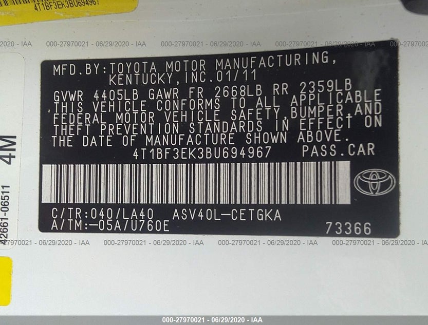 4T1BF3EK3BU694967