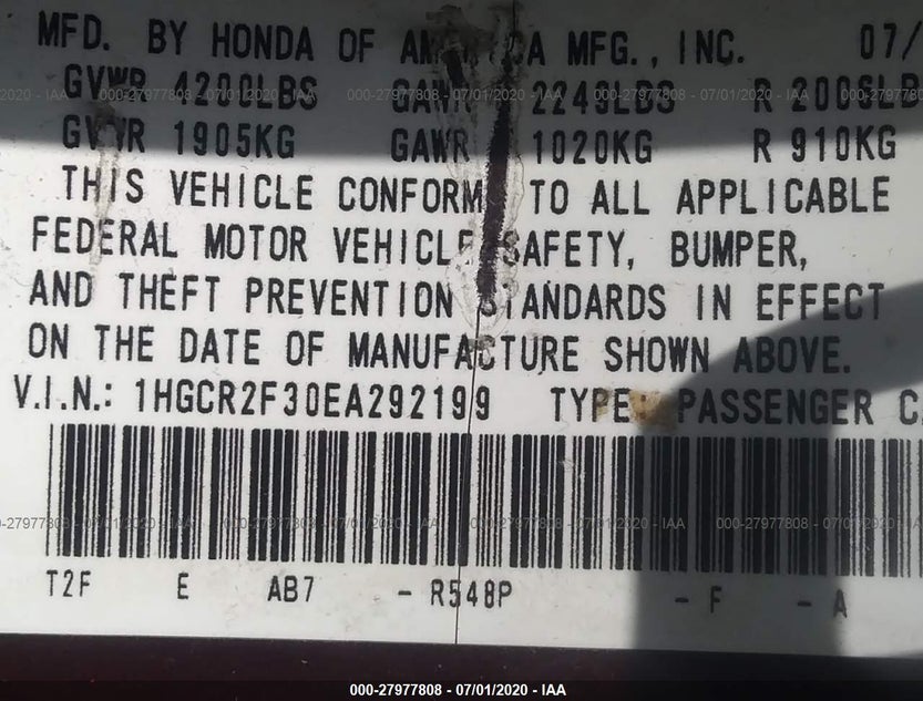 1HGCR2F30EA292199
