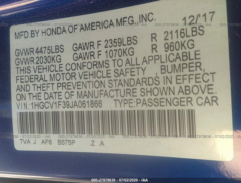 1HGCV1F39JA061866