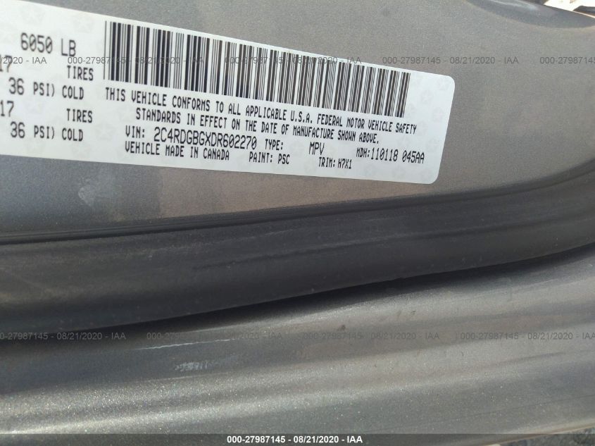 2013 Dodge Grand Caravan Se VIN: 2C4RDGBGXDR602270 Lot: 27987145