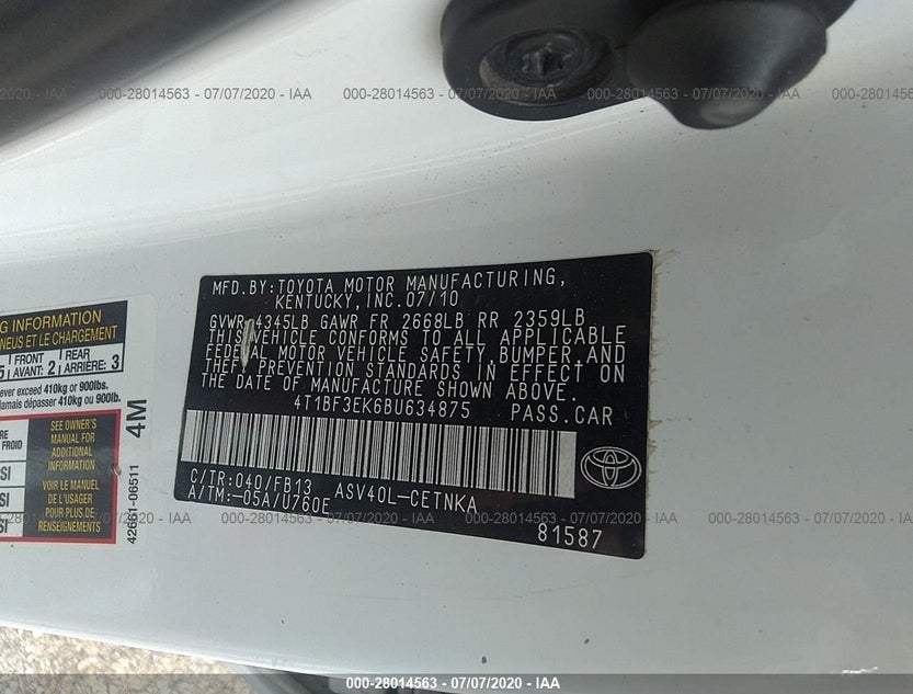 4T1BF3EK6BU634875