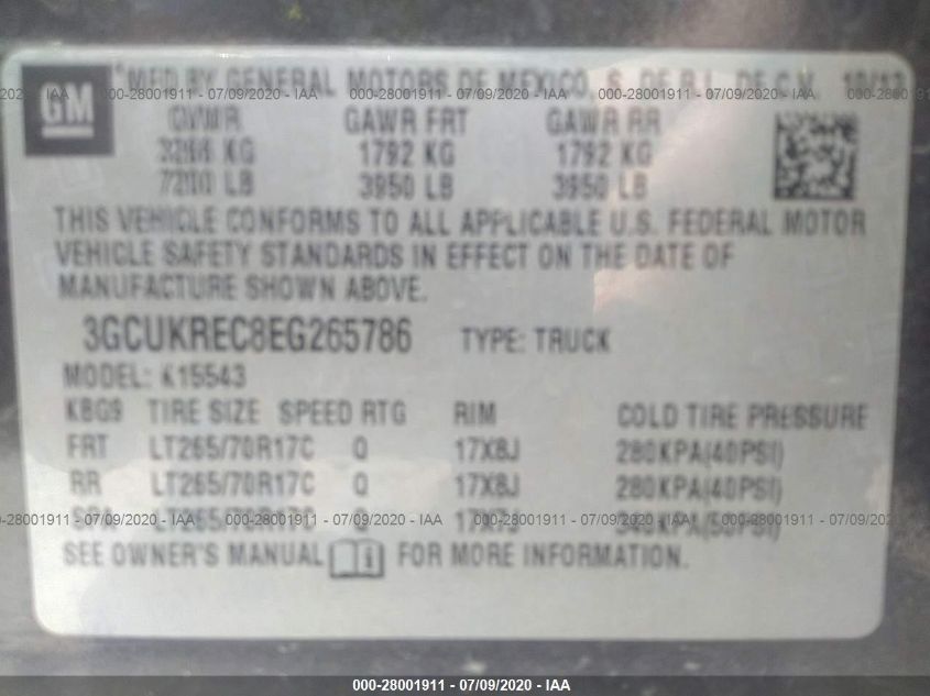 3GCUKREC8EG265786 2014 Chevrolet Silverado 1500 1Lt