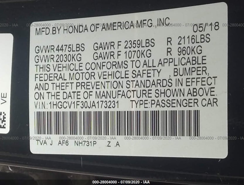 1HGCV1F30JA173231