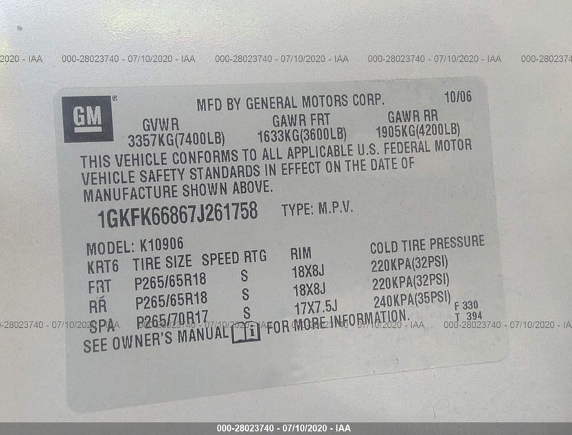 1GKFK66867J261758