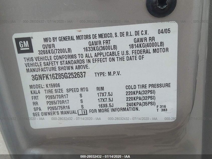 2005 Chevrolet Suburban Lt VIN: 3GNFK16Z85G252637 Lot: 28032432