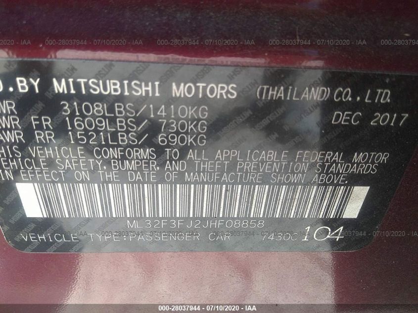 ML32F3FJ2JHF08858 2018 Mitsubishi Mirage G4 Es