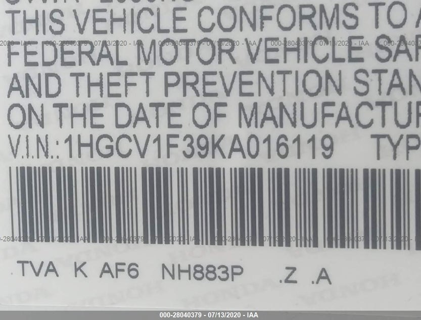 1HGCV1F39KA016119