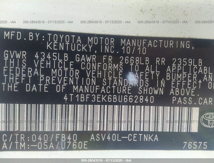 4T1BF3EK6BU662840