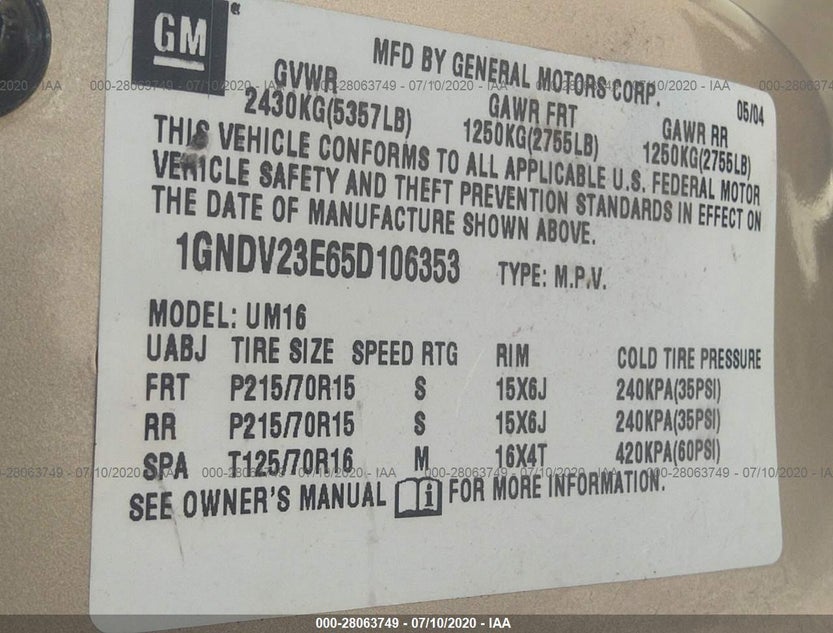 1GNDV23E65D106353