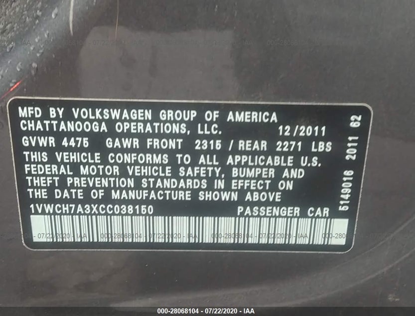 1VWCH7A3XCC038150