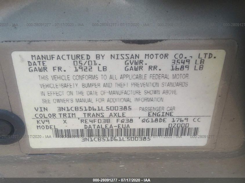 2001 Nissan Sentra Gxe VIN: 3N1CB51D61L500385 Lot: 28091277