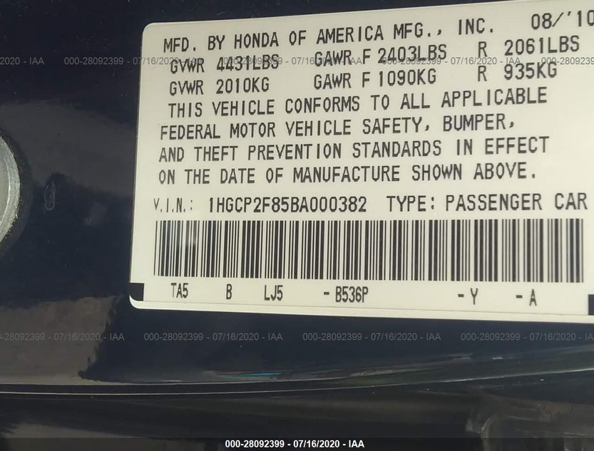 1HGCP2F85BA000382
