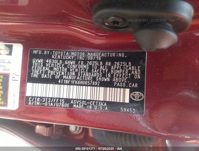 4T1BF1FK6HU657892