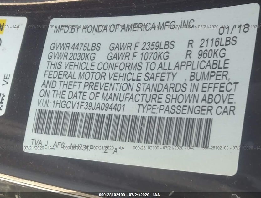 1HGCV1F39JA094401