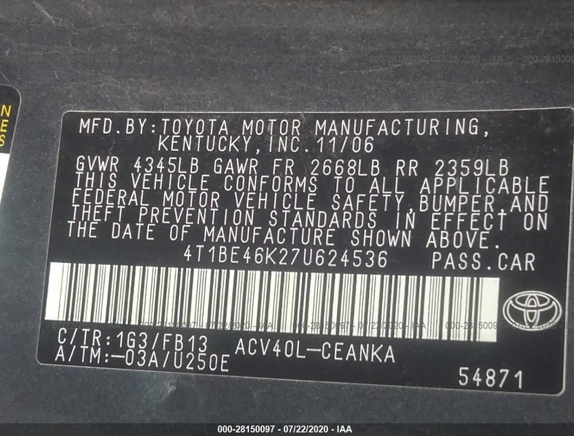 4T1BE46K27U624536
