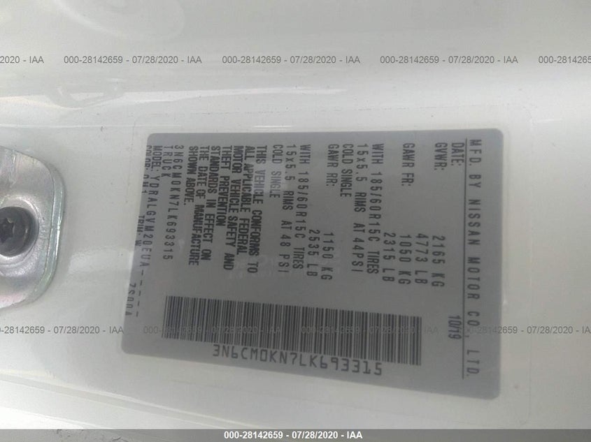 2020 Nissan Nv200 Compact Cargo Sv Xtronic Cvt VIN: 3N6CM0KN7LK693315 Lot: 28142659