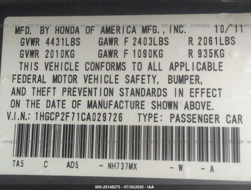 1HGCP2F71CA029726