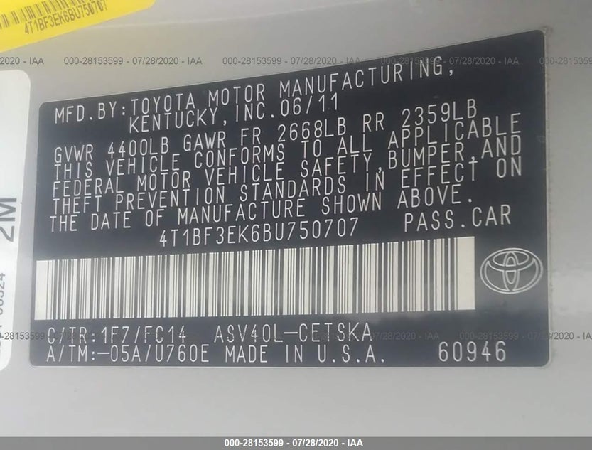 4T1BF3EK6BU750707