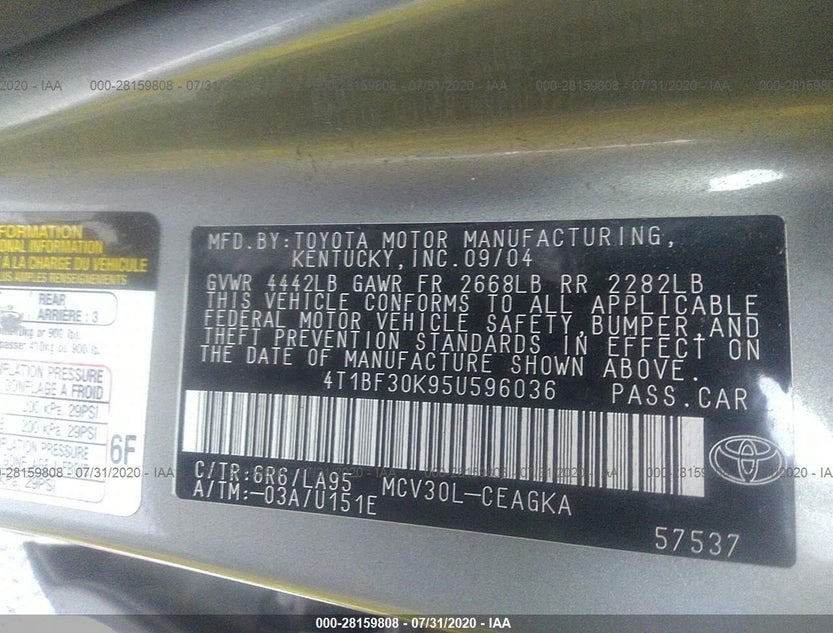 4T1BF30K95U596036