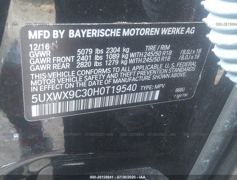 5UXWX9C30H0T19540