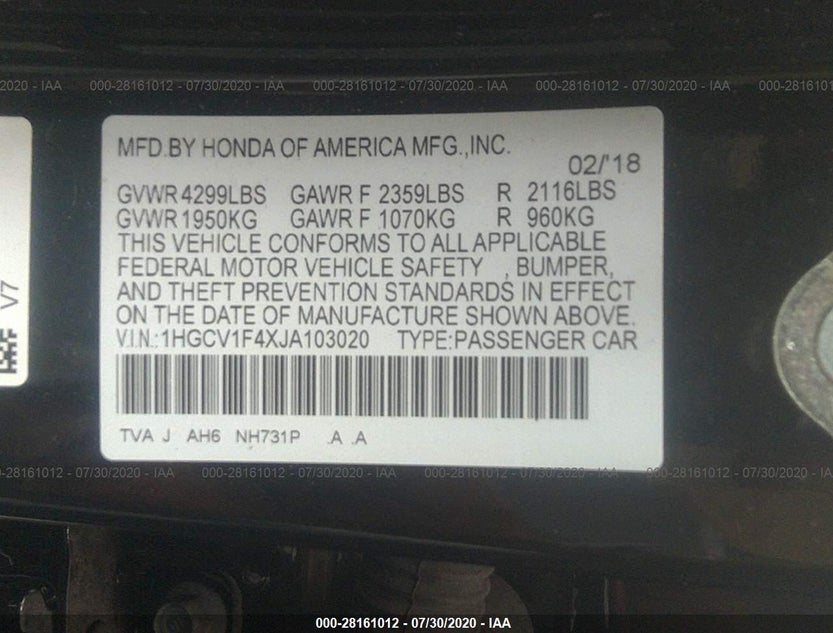 1HGCV1F4XJA103020
