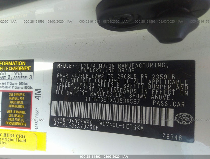 4T1BF3EKXAU538567