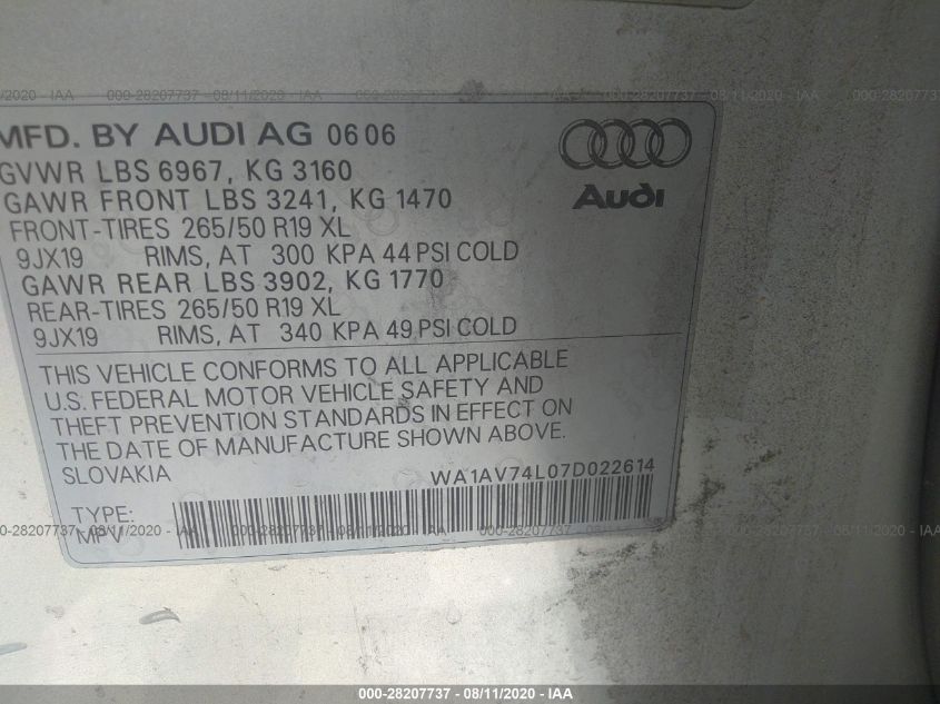 2007 Audi Q7 4.2 VIN: WA1AV74L07D022614 Lot: 28207737