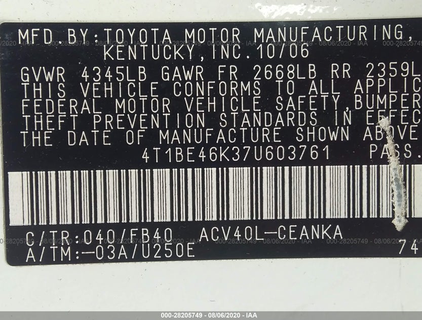 4T1BE46K37U603761