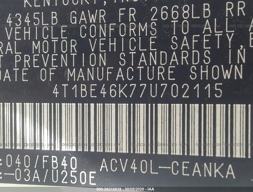 4T1BE46K77U702115