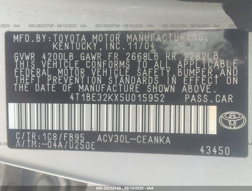 4T1BE32KX5U015952